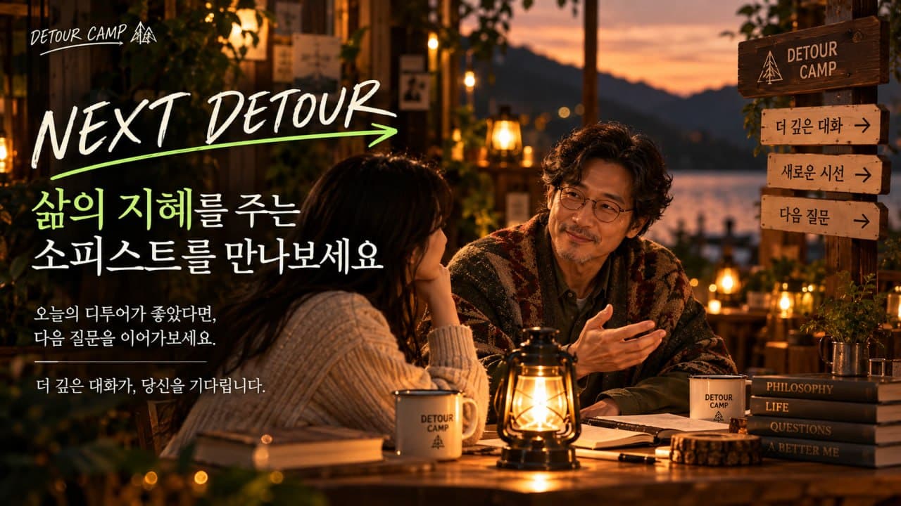 랜턴이 켜진 테이블에서 한 사람이 안경 쓴 어른과 마주 앉아 이야기를 들어요. 뒤 표지판에 '더 깊은 대화', '새로운 시선', '다음 질문'이 있고, 'NEXT DETOUR, 삶의 지혜를 주는 소피스트를 만나보세요'라고 적혀 있어요.