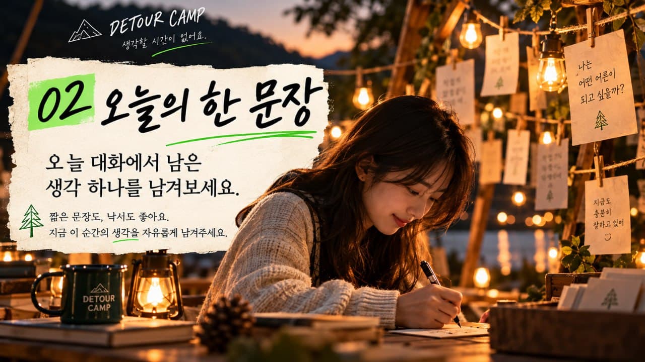 전구가 걸린 저녁 캠프에서 한 사람이 카드에 문장을 적고, 뒤로 손글씨 카드들이 줄에 걸려 있어요. '02 오늘의 한 문장, 오늘 대화에서 남은 생각 하나를 남겨보세요'라고 적혀 있어요.
