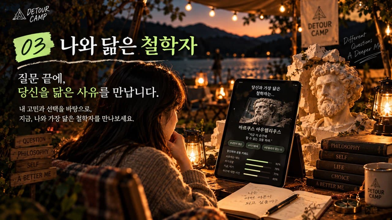 호숫가 랜턴 옆에서 한 사람이 태블릿 속 철학자를 바라보고, 곁에 대리석 흉상과 책이 놓여 있어요. '03 나와 닮은 철학자, 질문 끝에 당신을 닮은 사유를 만납니다'라고 적혀 있어요.