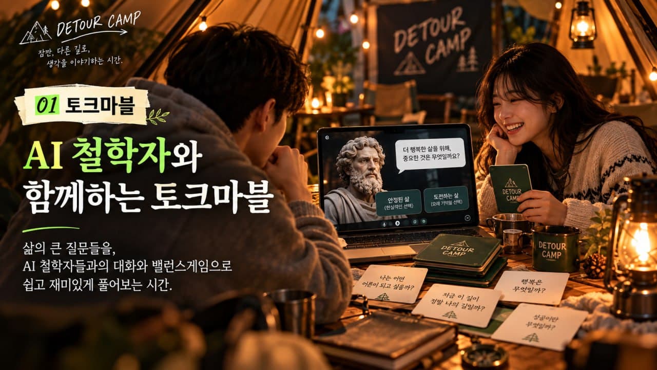 텐트 아래 테이블에서 두 사람이 노트북 속 철학자 석상과 질문 카드를 사이에 두고 웃으며 이야기해요. '01 토크마블, AI 철학자와 함께하는 토크마블'이라고 적혀 있어요.