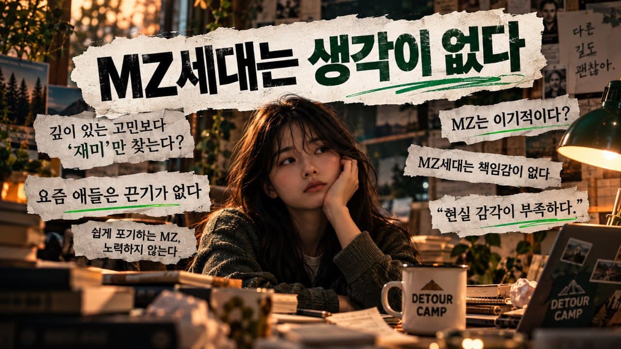 책상에서 턱을 괴고 생각에 잠긴 청년 주위에 신문 조각처럼 오려 붙인 문장들이 있어요. 'MZ세대는 생각이 없다', '요즘 애들은 끈기가 없다', '현실 감각이 부족하다' 같은 말들이에요.