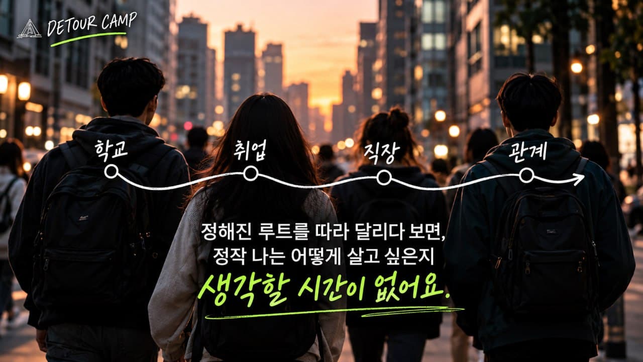 해 질 녘 도시를 걷는 청년들의 뒷모습 위로 '학교, 취업, 직장, 관계'를 잇는 화살표가 그려져 있어요. '정해진 루트를 따라 달리다 보면, 정작 나는 어떻게 살고 싶은지 생각할 시간이 없어요.'라고 적혀 있어요.