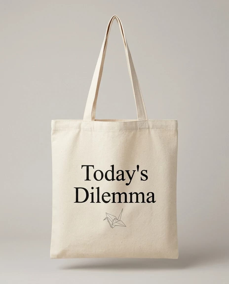 'Today's Dilemma' 문구와 작은 종이학이 인쇄된 생지 캔버스 에코백