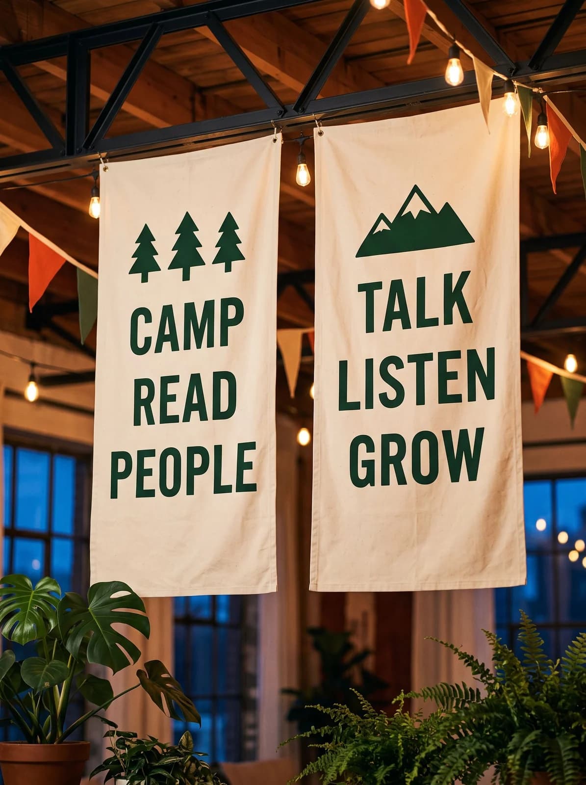 천장 트러스에 걸린 CAMP READ PEOPLE, TALK LISTEN GROW 크림색 패브릭 배너 두 장