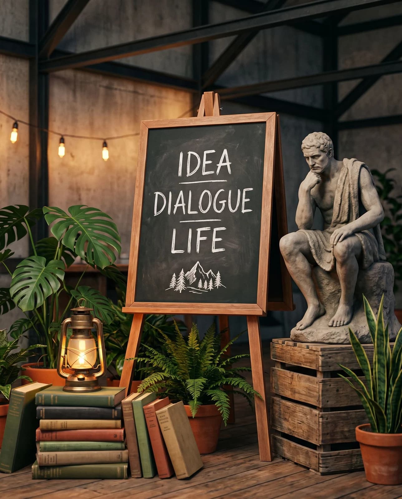 IDEA DIALOGUE LIFE가 적힌 칠판 이젤과 생각하는 석상이 있는 캠프 한쪽 코너