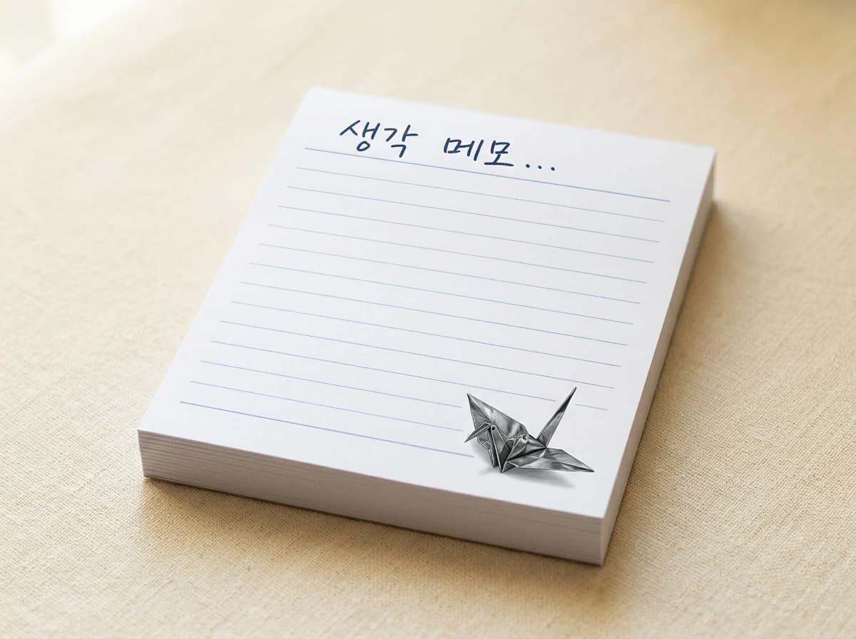 '생각 메모…' 문구와 작은 종이학이 있는 줄 메모지