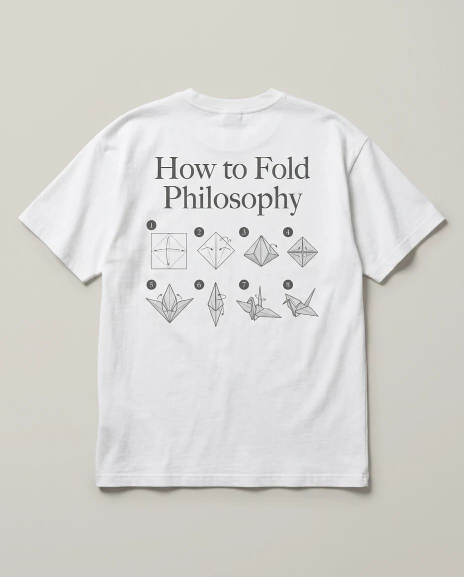 뒷면에 종이학 접는 8단계 도안이 그려진 흰색 오버사이즈 티셔츠 'How to Fold Philosophy' (뒷면)