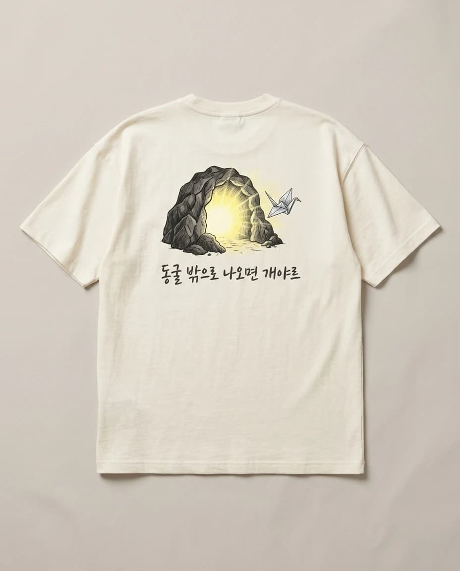 동굴 밖으로 나가는 종이학 일러스트가 있는 아이보리 티셔츠 (뒷면)